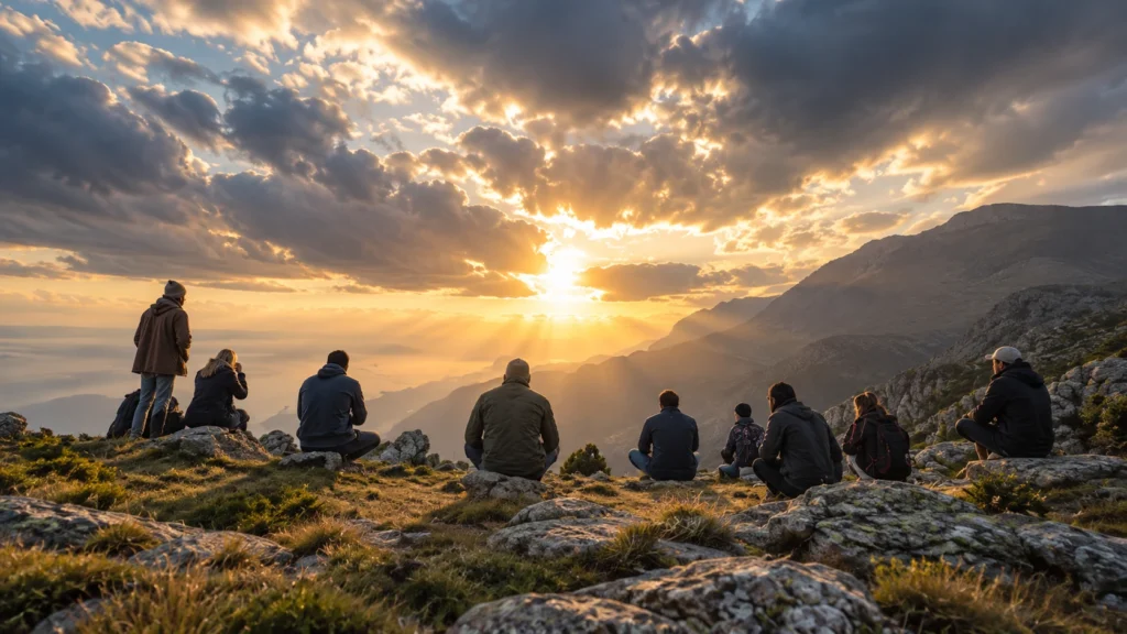 Menschen unter einem von Licht durchbrochenen Himmel