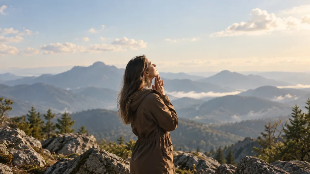 Betender Mensch in einer Berglandschaft